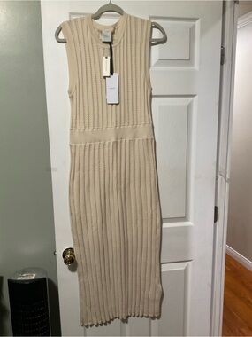 Sleeveless Ribbed Knit Midi Dress - Cream